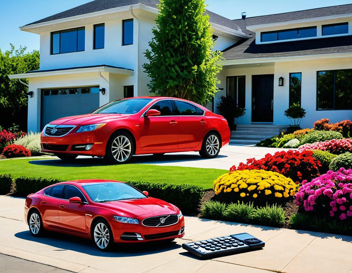 A serene landscape showcasing a shiny, affordable car parked in front of a modern house with a peaceful garden. In the foreground, a calculator and a stack of coins symbolize savings, with a banner in the background reading 'Low-Cost Vehicle Coverage'. The scene should convey a sense of security and financial freedom. bright colors. 3D effect.