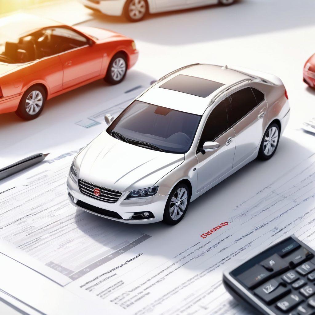A car shining under the sun with a lock symbol overlay, surrounded by various insurance documents and a calculator, illustrating the theme of affordable auto protection. Include a diverse group of people discussing options enthusiastically in the background, representing different lifestyles. Bright and engaging color palette to evoke trust and optimism. super-realistic. vibrant colors. white background.